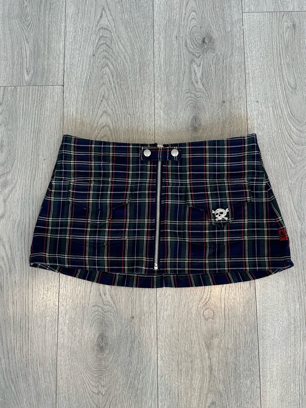 Vintage Tripp NYC Navy Plaid Mini Skirt with Front Zip and Skull Patch